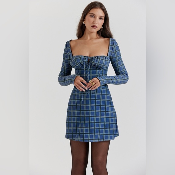 HOUSE OF CB 'Malika' Blue Tartan Corset Mini Dress NWOT size L - Picture 9 of 11